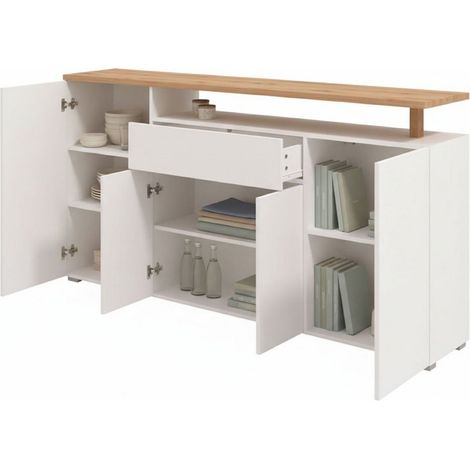 Credenza Levate, Madia un Cassetto, 5 Ripiani, Apertura Battente e Scorrevole, 179.5x40x94h cm Bianco