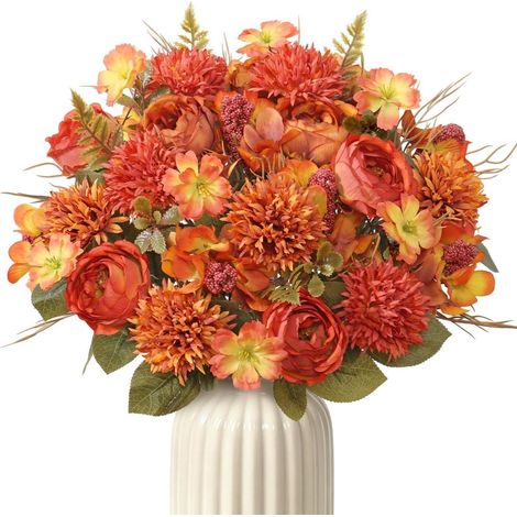 Künstlicher Herbststrauß 4er Set Pfingstrosen Chrysanthemen Seidenblumen Deko Orange (1/5)