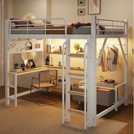 Letto a soppalco 140x200 cm in metallo e MDF con scrivania, LED, USB e contenitori (1/5)
