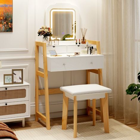 Wooden dressing table with stool & mirror & 3 drawers, 64 x 41 x 137 cm, white (1/5)