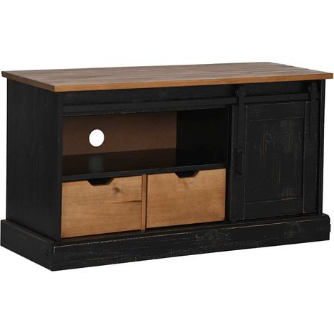 Mueble de TV HALDEN con puerta corredera y dos cajones 110 x 40 x 60 cm estilo rústico madera negra 020057823
