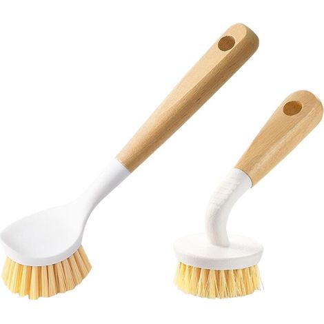 Brosse à vaisselle avec manche, brosse à récurer à manche long et court, brosse à vaisselle naturelle à poils résistants pour le nettoyage des couverts, poêles, casseroles et évier de cuisine, lot de (1/5)