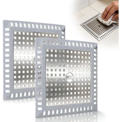 2 × Attrape Cheveux Douche Carré en Acier Inoxydable avec Bord en Silicone, 12,4 x 12,4 cm, Grille Cheveux Douche le pour Carrés & Rond de Bonde, Prevenir Le Bouchage des Drain (1/5)