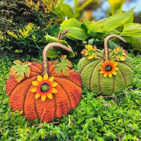 Kürbis-Gartenstecker aus Metall, Herbstdeko, Gartenstecker, Schild, Grün