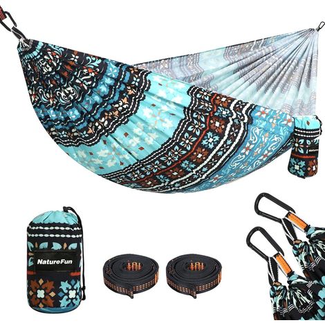 Hamac Ultra-léger de Voyage Camping 300 kg Capacité de Charge,Respirante,Séchage Rapide Hamac(275x140 cm) 2 x Mousquetons de qualités,2 x sangles Inclus  Pour Jardin d'interieur/Extérieur