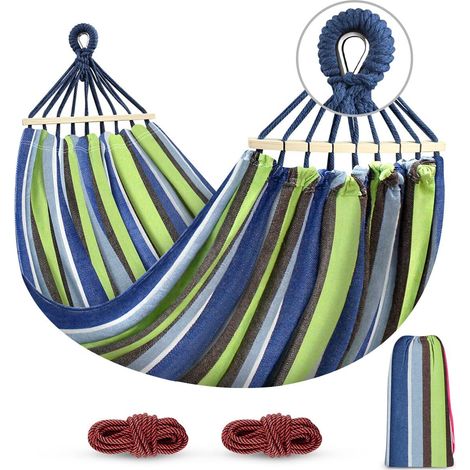 Hamac de Jardin avec Barre en Bois Anti-basculement - Toile en Coton Robuste - 275 x 155 cm - Charge Maximale 250kg - Pour Extérieur, Terrasse et Camping (1/5)