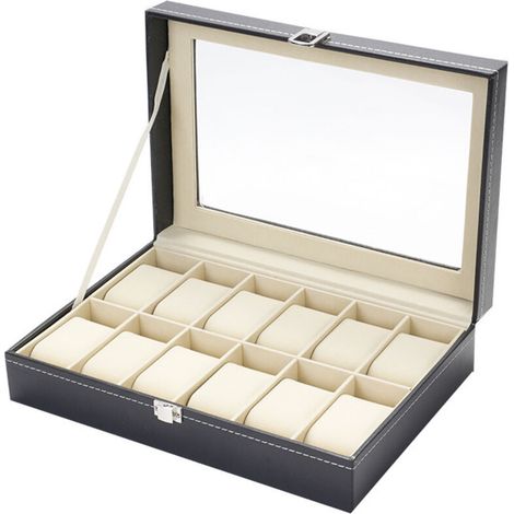 Boîte de rangement pour montres en cuir, boîte de présentation pour montres, boîte à montres - 12 coussinets, noir avec base et coussinets blancs (1/5)