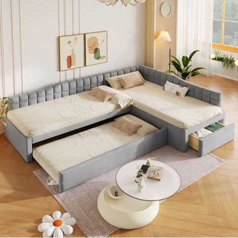 Cama tapizada en forma de L 295.5x95.5x57.5 cm, con cama extra y cajones, flanela gris (1/5)