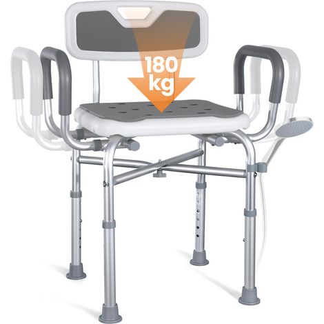 Homecall Duschstuhl Duschhocker Höhenverstellbar&Breitenverstellbar Badhocker-Aluminium, bis 180KG mit Brausehalterung, Anti-Rutsch Füße & Matten(54,2-58 cm) (silber)