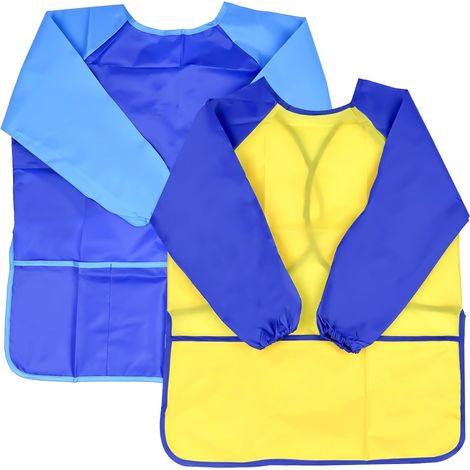 2 Pièces Tablier Peinture de Jardin D'enfants, Peintre en Imperméable Avec Manches Longues, Blouse Réparateur Garçons et Filles, pour L'école Activités, avec Poches, Bleu et Jaune (L size) (1/5)