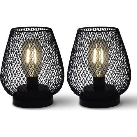 Cage Shaped Bedside Lamp Stack Metal Table Lamps Cordless with LED Edison Bulb Style for Bedroom, Party, Dining Room, Office (Black), Set of 2