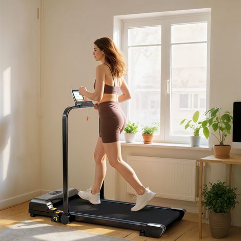 Tapis roulant pieghevole da 2,5 HP con display a LED, velocità regolabile (max. 10 km/h), telecomando, nero. (1/5)
