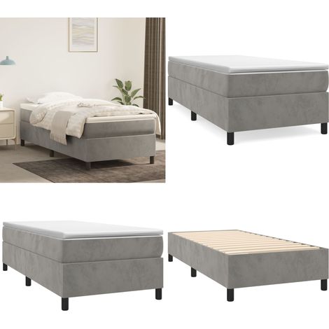 Cama box spring con colchón terciopelo gris claro 90x190 cm - Colchón de muelles - Cama box spring