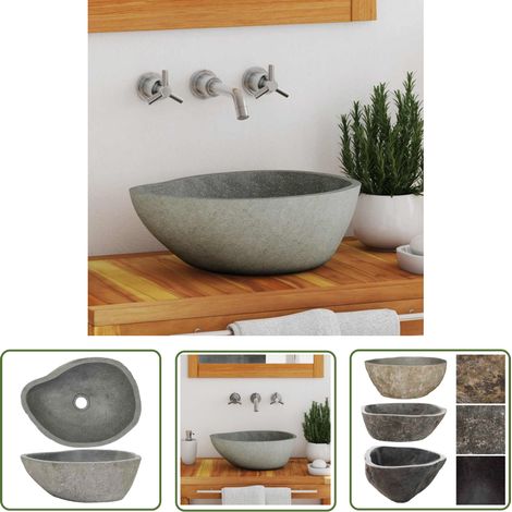 The Living Store Lavabo en pierre de rivière Ovale (37-46)x(29-36) cm - Lave-mains Oval - Lavabo En Pierre - Lavabo Design - Robinetterie Salle De Bain - Meuble Sous Vasque (1/5)