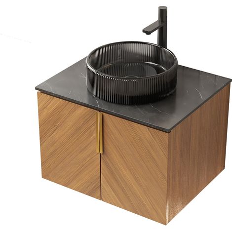 Meuble vasque de salle de bains mural de 61 cm avec vasque ronde en verre noir transparent, plan de travail en pierre frittée noire, meuble en contreplaqué à 2 portes, couleur veinage bois chêne brun