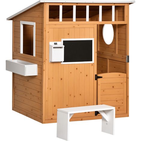 Cabane de jeu pour enfant maison de jardin en bois porte et fenêtres, banc, boite aux lettres, tableau, de 3 à 8 ans
