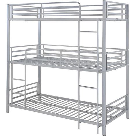 Vente-Unique – Lit superposé triple 90 x 190 cm – Structure métal argenté – 3 places avec sommier – Charge maximale 150 kg – Montage facile (1/3)