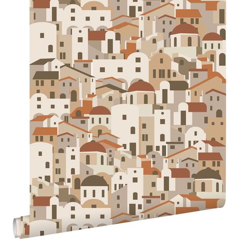 papier peint maisons méditerranéennes beige et terracotta  - ESTAhome (1/5)