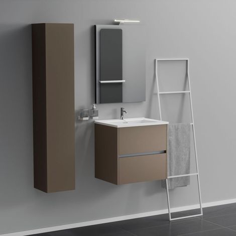 Inda - Badezimmerschrank 2 Schubladen L.60 mit Waschbecken, Spiegel und Lampe – Matt Nerz