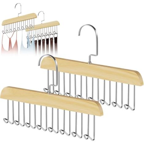 Set aus 2 Krawattenhaltern, Kleiderbügel aus Holz, 360° drehbar, hochwertig, platzsparend mit 8 stabilen Haken, für Gürtel, Fliegen, Schals und Hüte (1/5)