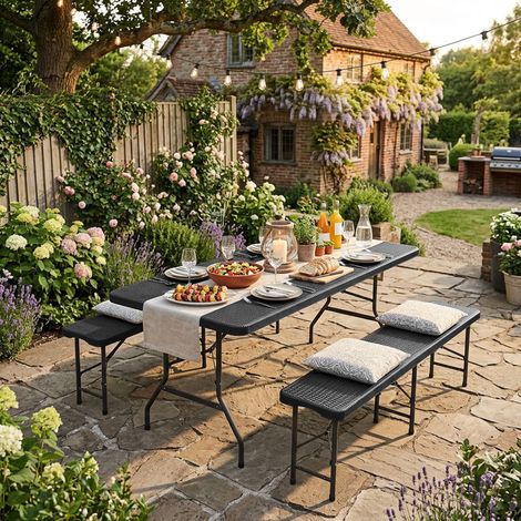 Table de pique-nique pliante 180 cm avec 2 bancs, plateau HDPE noir, 3 pièces (1/5)