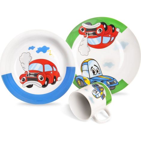 Juego de desayuno infantil de porcelana con forma de coche, 3 piezas. (1/5)