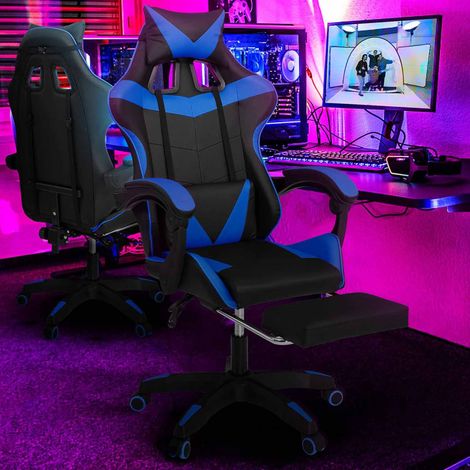 Silla de juego ALEX ajustable con reposapiés, reposacabezas y cojín lumbar en negro y azul