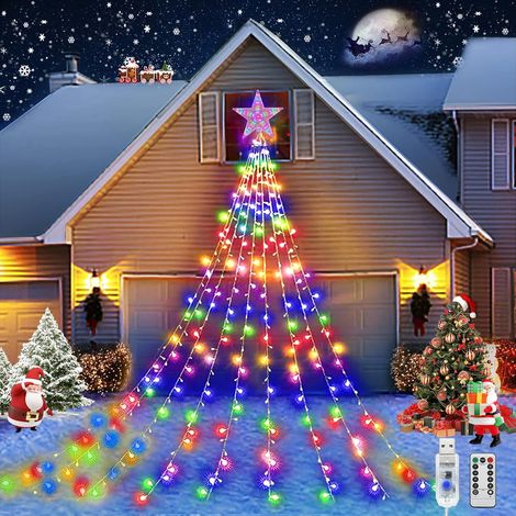 Lumière Exterieur Noel, 2M 9 Branche Guirlande Lumineuse Arbre Noel avec Étoile, 198 LEDs Étanches 8 Modes USB Guirlande Lumineuse Sapin de Noël avec Minuterie pour Jardin, Fête, Festival (1/5)