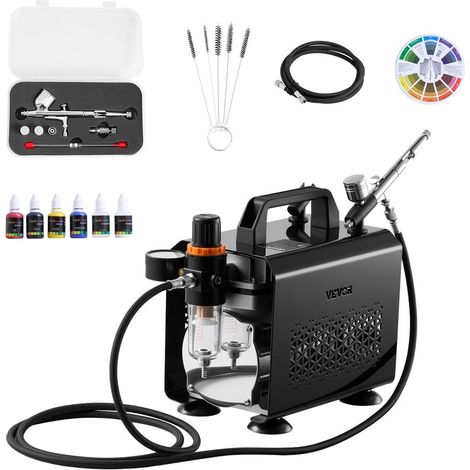 Kit Aérographe avec Compresseur 1/6 HP 120W Pistolet Double Action 3 Buses 0,2 0,3 0,5 mm Pâtisserie Onglerie (1/5)