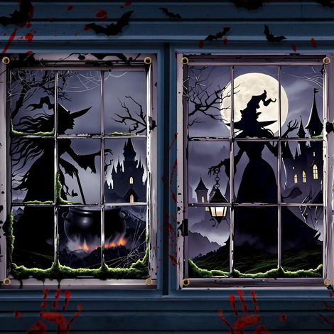 Décorations d'Halloween pour fenêtres : rideaux, guirlandes, fanions pour une fête d'Halloween en extérieur (2 pièces) - 80 x 120 cm - NG-7