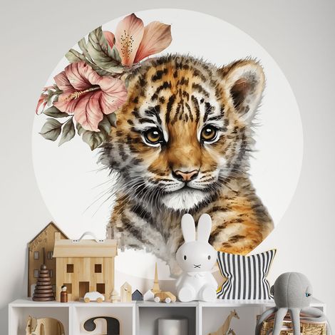 Sticker mural rond / cercle Enfants - Bébé Tigre - Diamètre 30 cm - Adhésif + Protection BRILLANTE (1/2)