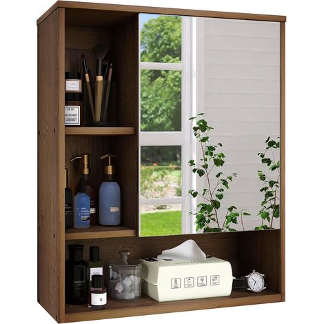 Armoire de salle de bain à miroir murale en bambou pour économiser de l'espace - Armoire à pharmacie à suspendre au-dessus des toilettes avec porte miroir et étagère réglable (noyer) (1/5)