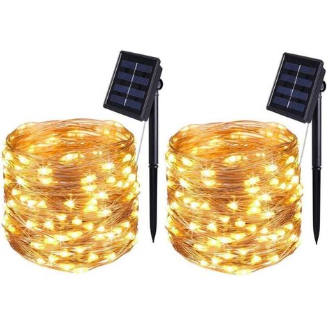 Solar-Lichterkette, 7 m, 50 LEDs, 8 Modi, wasserdichter Kupferdraht, für Dekorationszwecke (Warmweiß, 2er-Pack) (1/4)