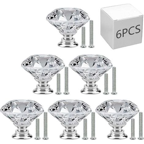 Lot de 6 boutons de porte de meuble de 30 mm en verre cristal, forme diamant, pour tiroirs, meubles de cuisine, salle de bain et bureau. (1/5)