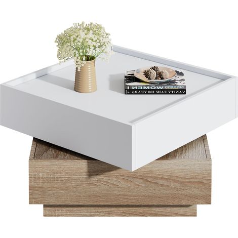 Table basse fonctionnelle 60 x 60 x 38 cm pivotante à 360°, double niveau avec rangement, structure effet noyer,Blanc
