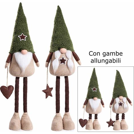 Babbo e Mamma Natale in stoffa con gambe allungabili e decoro stella / cuore in mano. Decorazioni ideali per vetrine di Natale, set da 2 pezzi