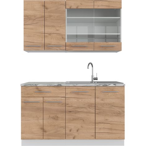 Cucina completa Fame-Line, Quercia dorata/bianco, 140 cm senza piano di lavoro, Vicco