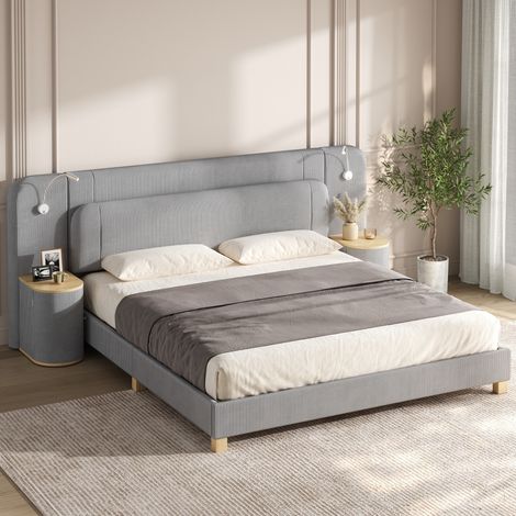 Lit rembourré - 180x200 cm - éclairage led - velours côtelé - gain de place - pour chambre enfant ou adulte - moderne - gris (1/5)