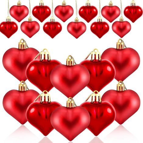 24 pièces Ornements de Coeur Deco Saint Valentin, 2 Styles Différents Boules de Coeur Boules de Noël en Forme Coeur Sapin de Noël Décorations Saint Valentin à Suspendre Coeur, Rouge (1/5)