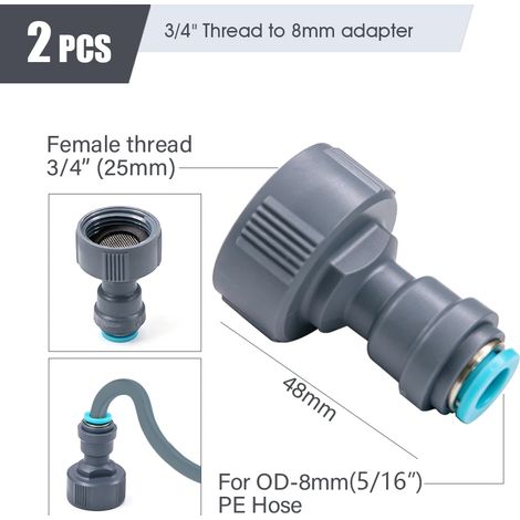 (2 raccords rapides de tuyau d'arrosage de 8 mm de diamètre extérieur (3/4 pouces vers 8 mm) pour tuyau de 5/8 mm, système d'irrigation de jardin, té, coude, bouchon, buse) (1/5)