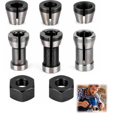 8 Pièces Pince de Serrage pour Défonceuse, Accessoire pour Défonceuse, Mandrins 6 mm 6,35 mm 8 mm avec 2 Écrous de Serrage, Adaptateurs pour Fraiseuse Électrique, Gravure (1/5)