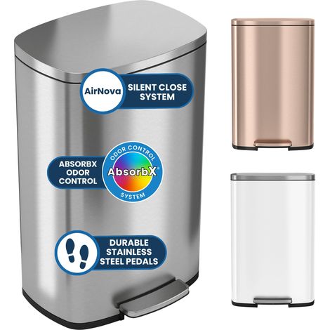 PresseDouce Poubelle à Pédale de 50 Litres avec Filtre d'Odeurs et Sceau Intérieur, en Acier Inoxydable, pour Bureau et Cuisine, Couvercle à Fermeture Douce et Silencieuse (1/5)