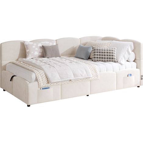 Lit Banquette 1 Place, Coffre, USB-A et USB-C, 90 x 200 cm, sans Matelas, Tissu Bouclette Beige (1/5)