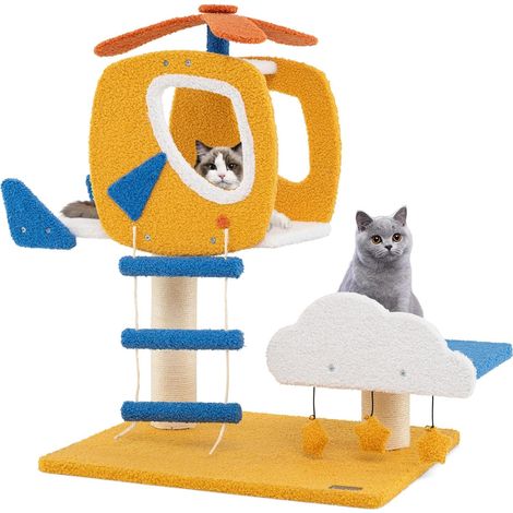 COSTWAY Tiragraffi per Gatti a Tema Aviatorio, Albero per Gatti con Posatoio a Forma di Elicottero, Palo, Piattaforma, Scala e 3 Giocattoli Sospesi, Torre per Animali Domestici Interno (1/5)