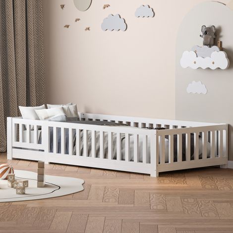 Kinderbett 90x200 cm mit Sicherheitszaun und Holzlattenrost, Weiß