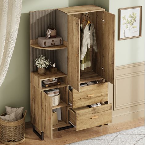 Mueble Entrada Multifunción Mdf Negro Y Natural, Paneles Tela Tapizados, Cajones (1/5)