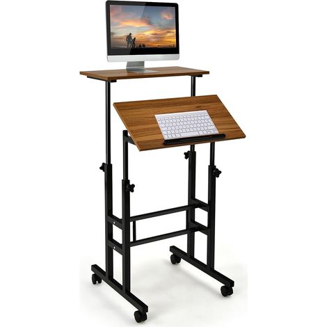 COSTWAY Scrivania Mobile, Scrivania Regolabile in Altezza, Postazione di Lavoro con Ruote per Computer per Casa e Ufficio, Struttura in Acciaio Rinforzato, Noce (1/5)