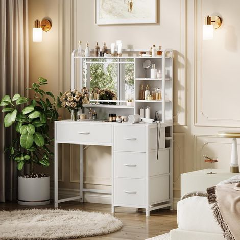 Coiffeuse Blanche avec Miroir LED et 4 Tiroirs en Tissu, Table Maquillage Moderne (1/5)