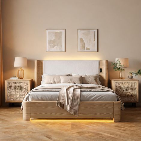 Cadre de lit beige en velours 213,5 x 193,5 x 103,5 cm (1/5)