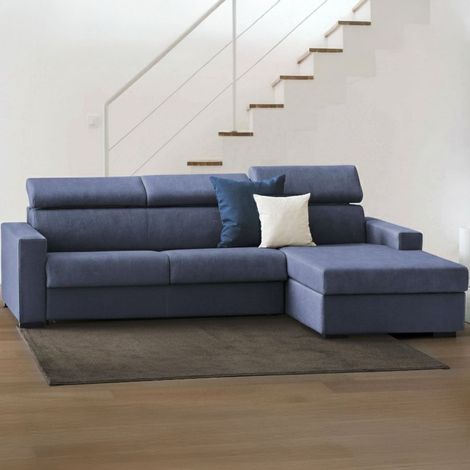 Talamo Italia Sofá fijo Mikaela, Sofá de esquina, 100% Made in Italy, Sofá de salón con chaise longue, en tela acolchada - península contenedor derecho, con reposabrazos delgados, Cm 260x95h85, Azul, (1/5)